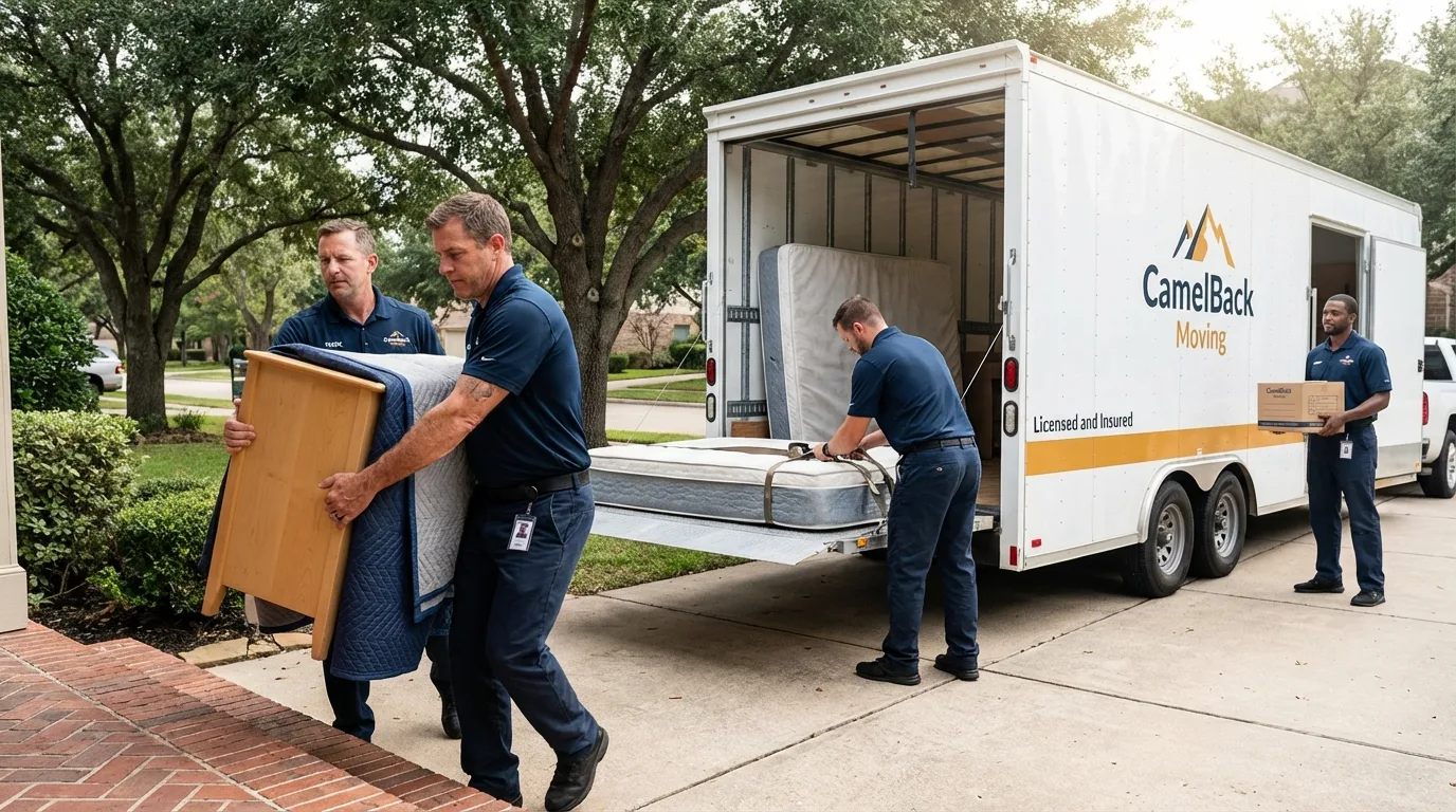 Crew loading residential truck for cross-state move from Cuba, MO