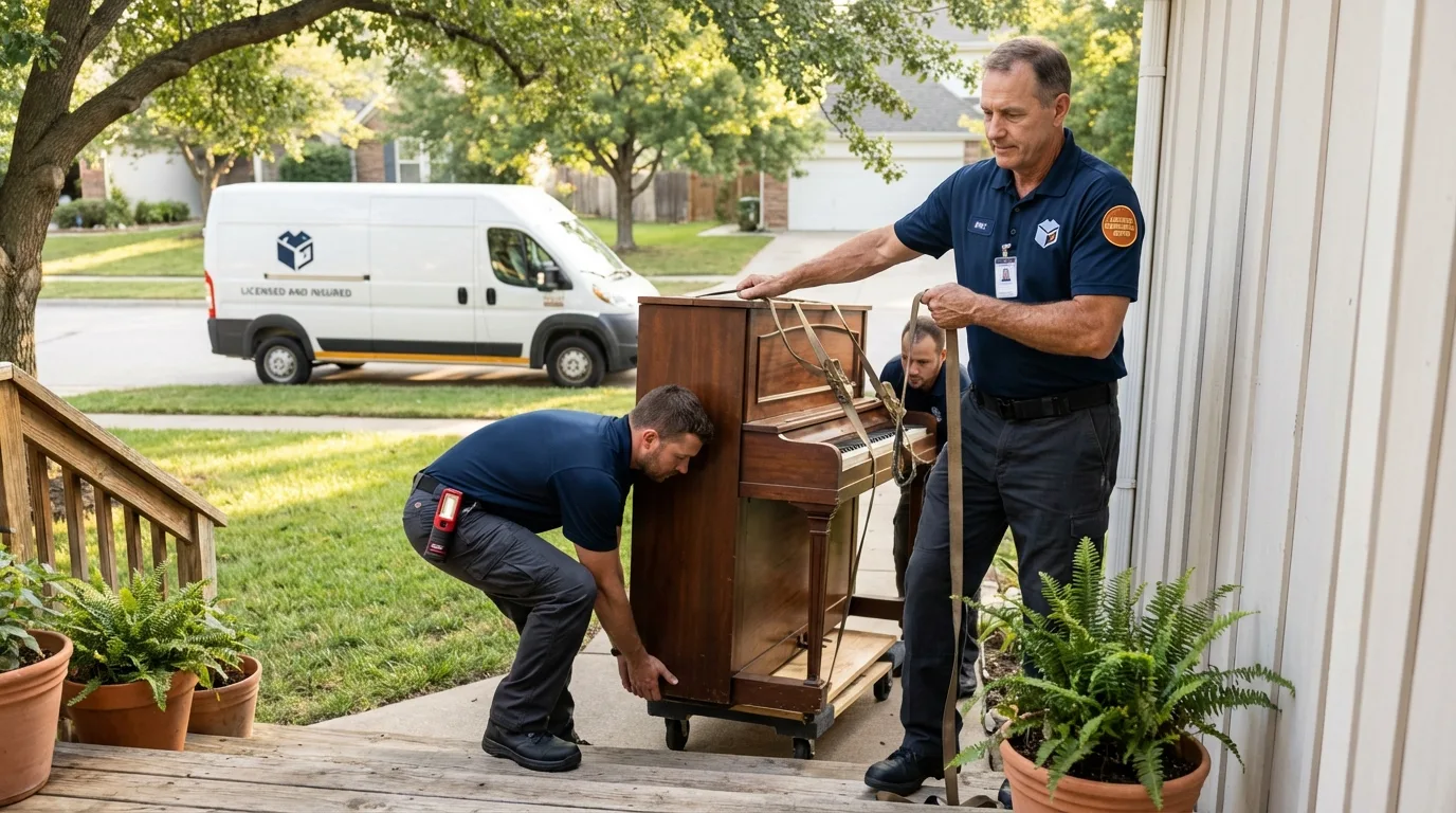 Licensed piano movers securing grand piano in Cuba, MO