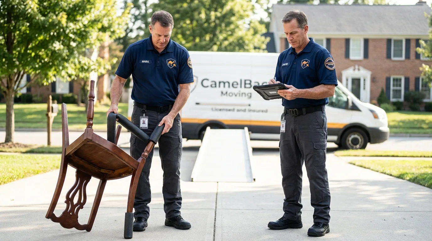 Movers inspecting furniture for damage prevention before loading in Cuba, MO