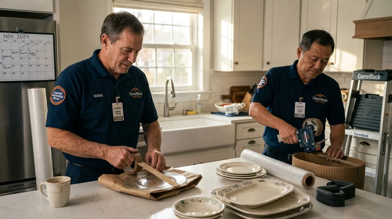 Professional crew packing kitchen dishware in Cuba, MO